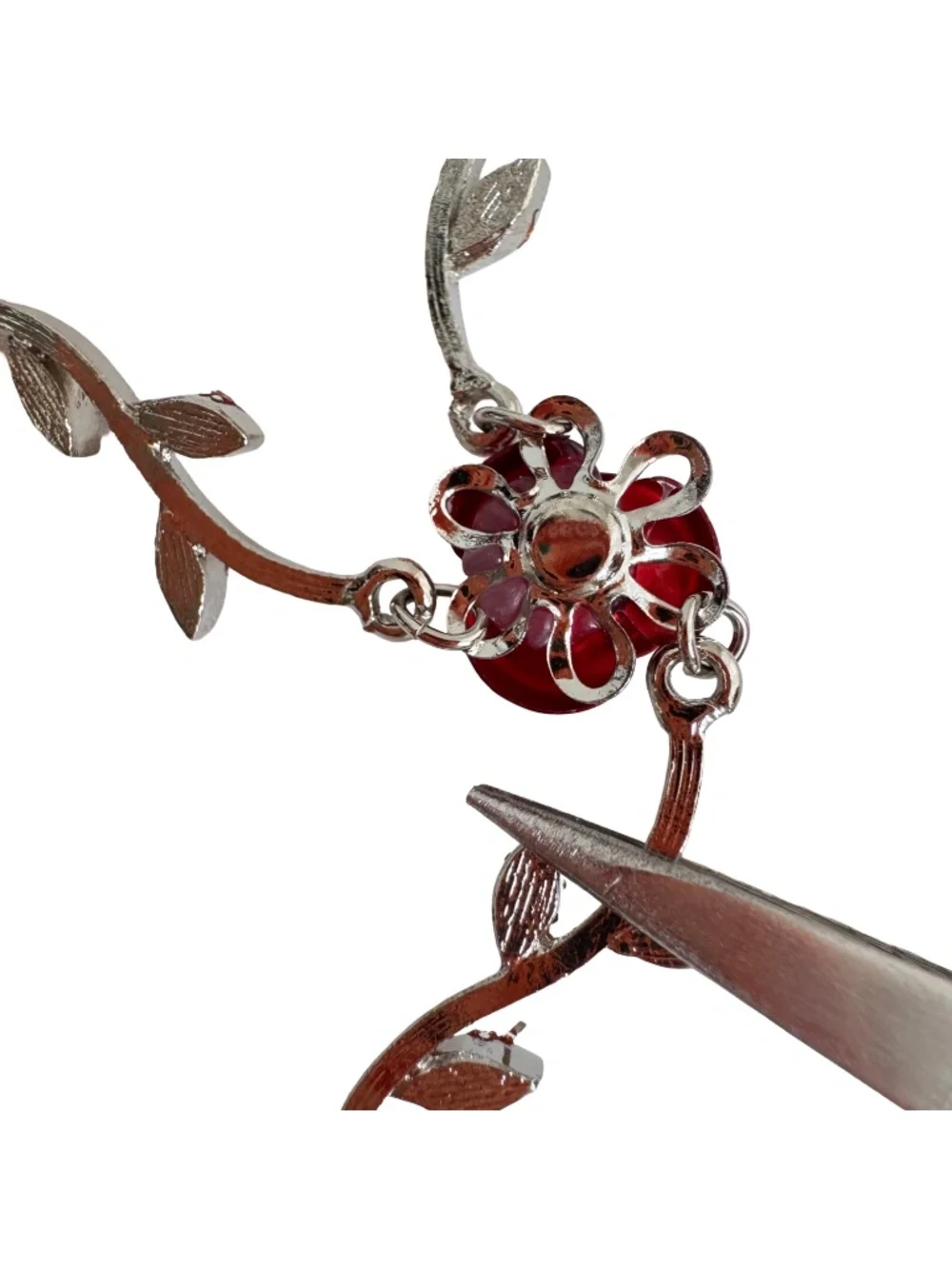 Vintage Red Rose Enamel Necklace Y Drop Crystal Leaf Silver Tone Floral 15
